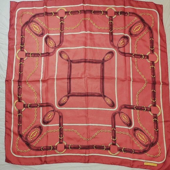 CARTIER silk scarf muffler red must de ladies - Picture 5 of 14